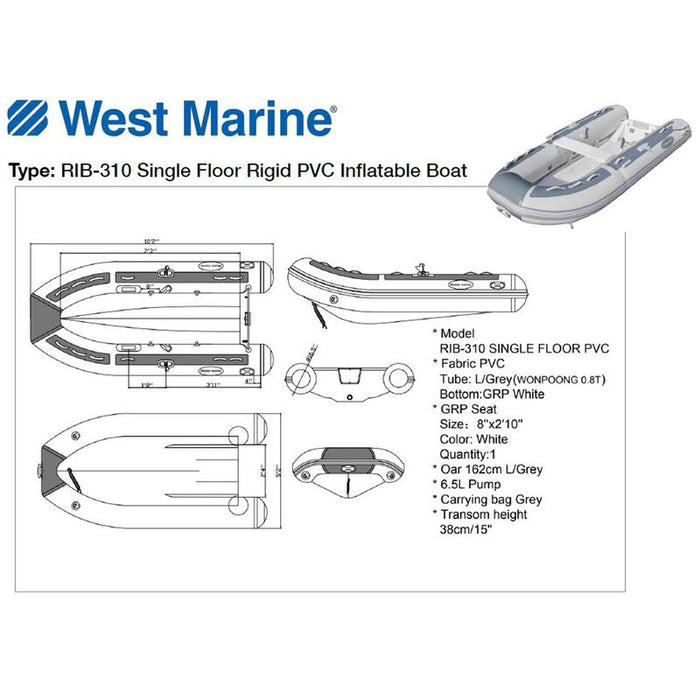 West Marine RIB-310 Single Floor Rigid PVC Inflatable Boat